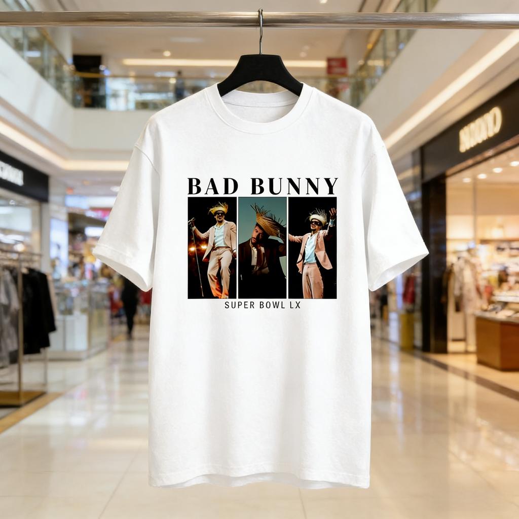 Bad Bunny Графические футболки Super Bowl С коротким рукавом Хлопковая футболка 2026 Мужская Женская Хлопок Новая Футболка Женская С принтом Уличная одежда