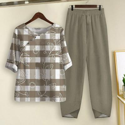 Комплект из топа и брюк с эластичным поясом, модный комплект с круглым вырезом, женский шаровар с цветочным принтом в клетку и широкими штанинами