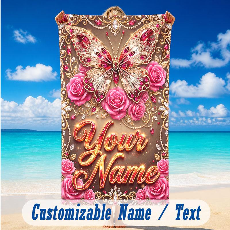 Butterfly Theme Beach Towel Personalized Custom Name & Text Soft Quick Dry Beach Towel for Swimming Travel