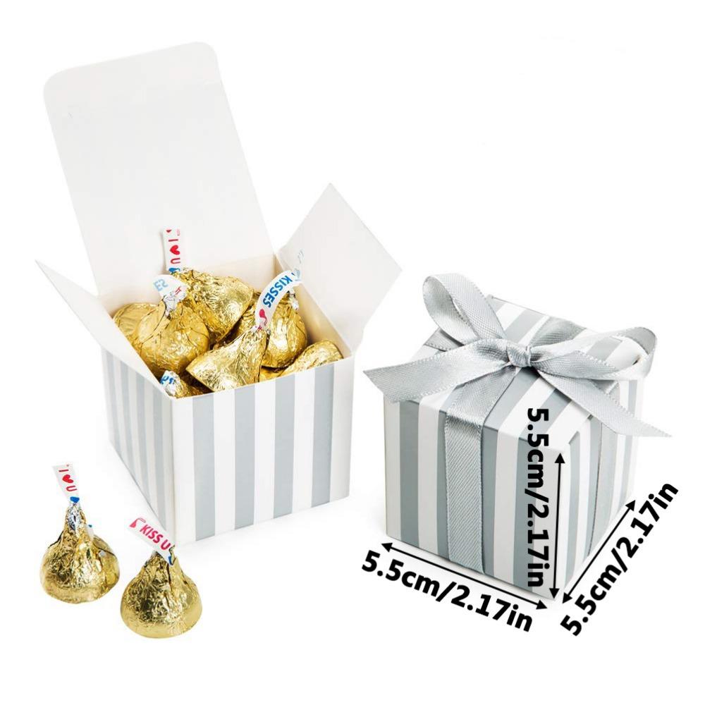 50pcs Strips Pattern Small Gift Box Wrapping Carton Box with Ribbon Gift Packing Box for Wedding Decorations Birthday Event and Party Supplies