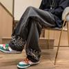 Spring and Autumn Men's Vintage Flame Printed Jeans Baggy Streetwear Wide Leg Denim Trousers Hip Hop Straight Pantalones