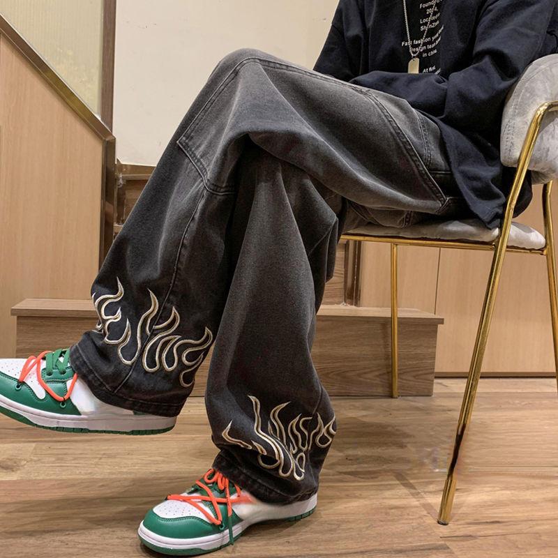 Spring and Autumn Men's Vintage Flame Printed Jeans Baggy Streetwear Wide Leg Denim Trousers Hip Hop Straight Pantalones