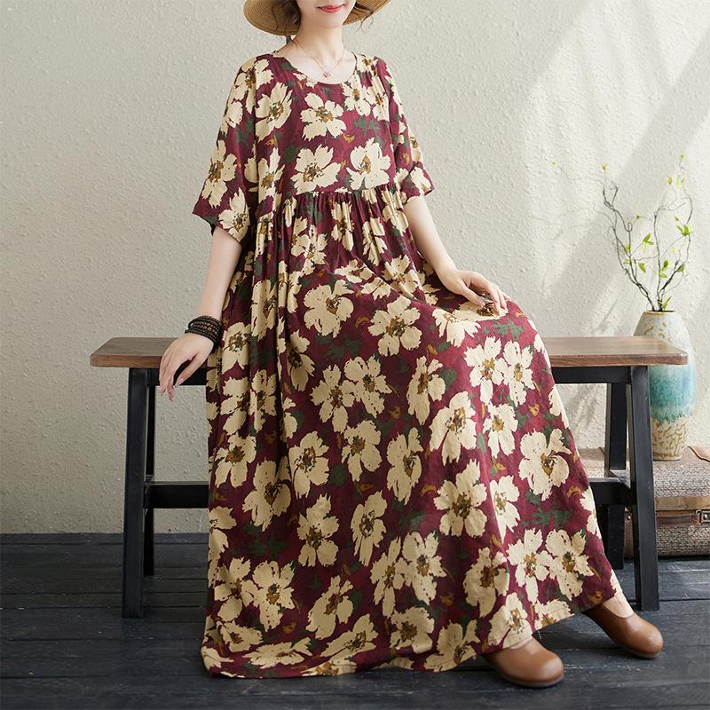 Летний литературный пуловер большого размера с круглым вырезом, средней длины, с короткими рукавами, для женщин, повседневные платья