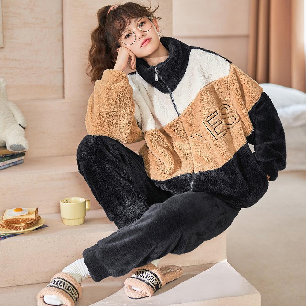 Зимний женский теплый пижамный комплект, одежда для сна из кораллового флиса, фланелевые плотные пижамы с героями мультфильмов, домашняя одежда большого размера, пижама большого размера