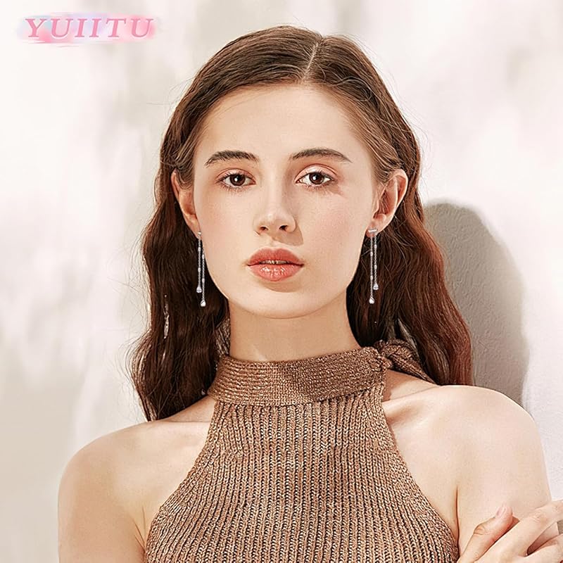 YUIITU Earrings Ladies Popularity High Quality Zirconia 2 Series Sway Drop Silver Compatible with Metal Allergies 18k Gold Brachira Plating Long
