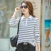 Женская футболка Весна и Осень Новая Модная Футболка С Длинным Рукавом Полосатый Топ Отложной Воротник Базовая Рубашка Хлопок Водолазка Топ