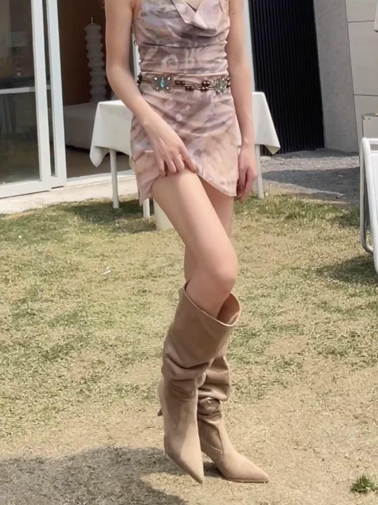 Женские сапоги с широким голенищем, облегающие сапоги с острым носком, абрикосовые сапоги большого размера, сапоги на тонком высоком каблуке, сапоги до колена на высоком каблуке