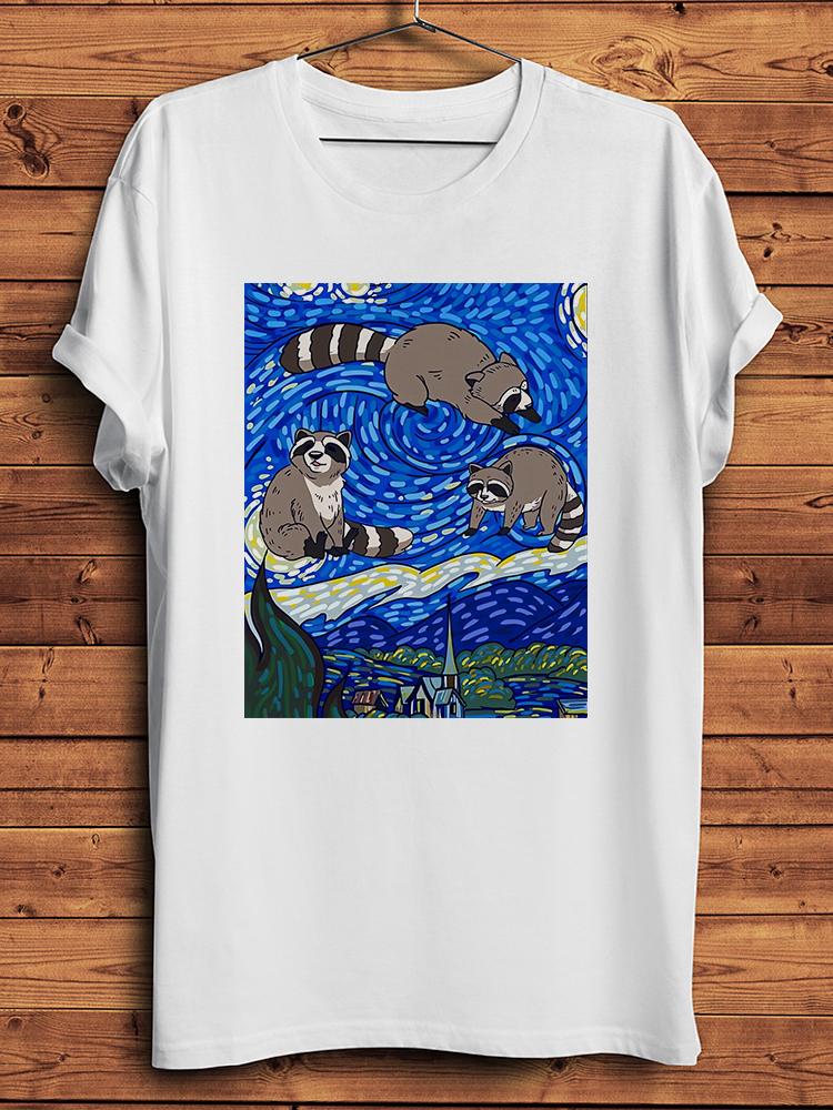 Raccoon Starry Night Racoon Van Gogh Funny Artistic Tshirt Unisex White Casual Short T Shirt Homme Unisex Streetwear Tee