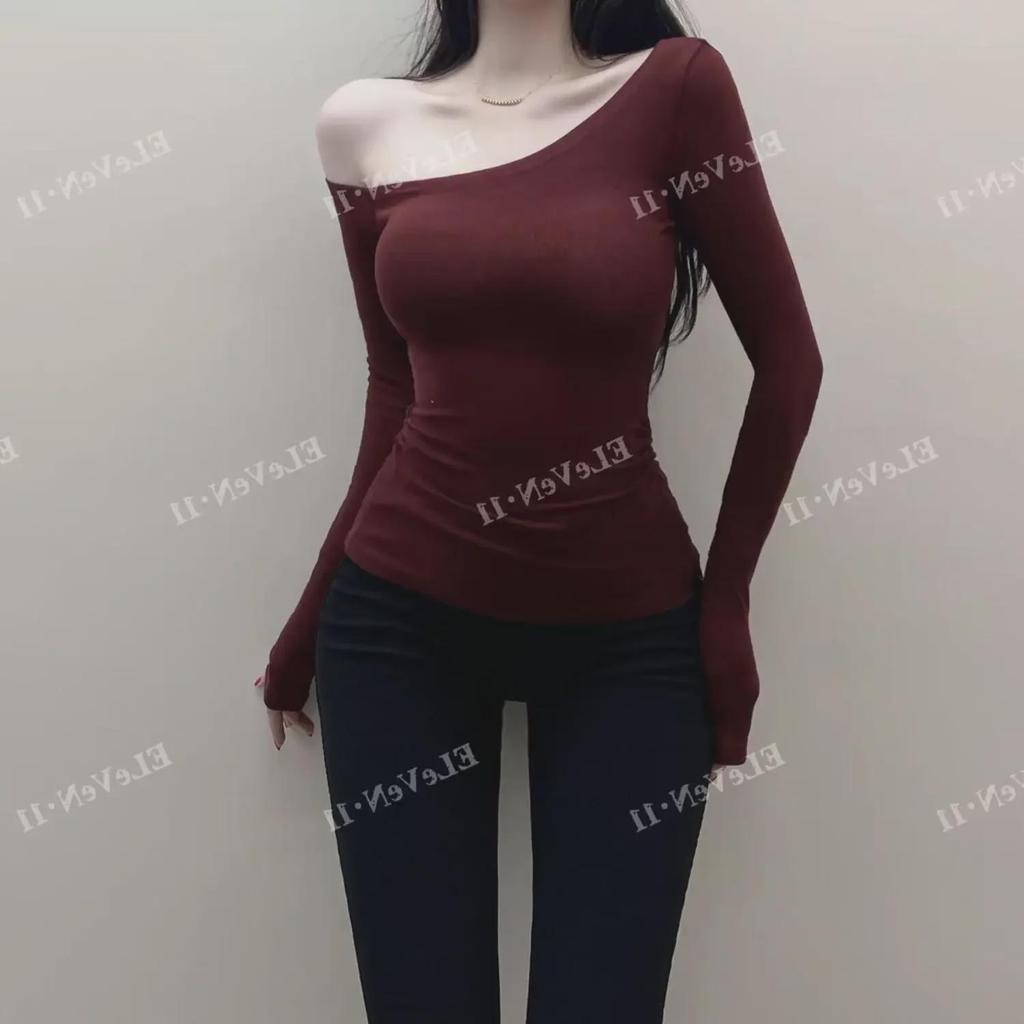 Корейский стиль Сексуальная футболка с открытыми плечами Slim Fit с длинным рукавом для осени/зимы