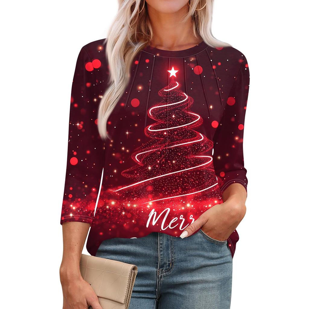 Женская модная футболка с круглым вырезом и рукавом 3/4 с рождественскими принтами, повседневная базовая плиссированная футболка-пуловер