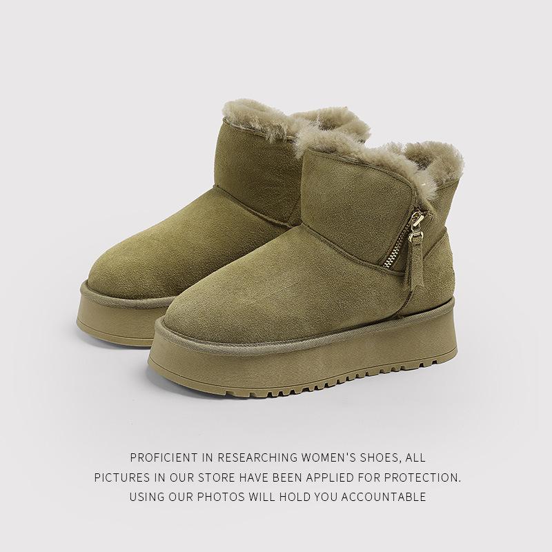 Leather Real Hair - Snow Boots Women'S Winter Platform Plush Short Boots Solid Color Winter Cotton Shoes
