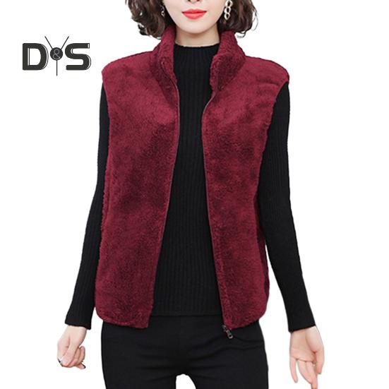 Женский осенне-зимний однотонный плюшевый жилет с воротником-стойкой, карманы без рукавов, карманы на молнии, утолщенный двухсторонний флисовый жилет, пальто