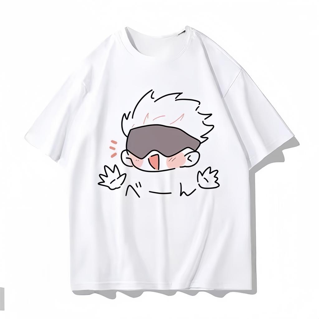 Jujutsu Kaisen Satoru Gojo Tshirt Cute Chibi Excited Character Front Print White Cotton Unisex Tee for Kids Adults