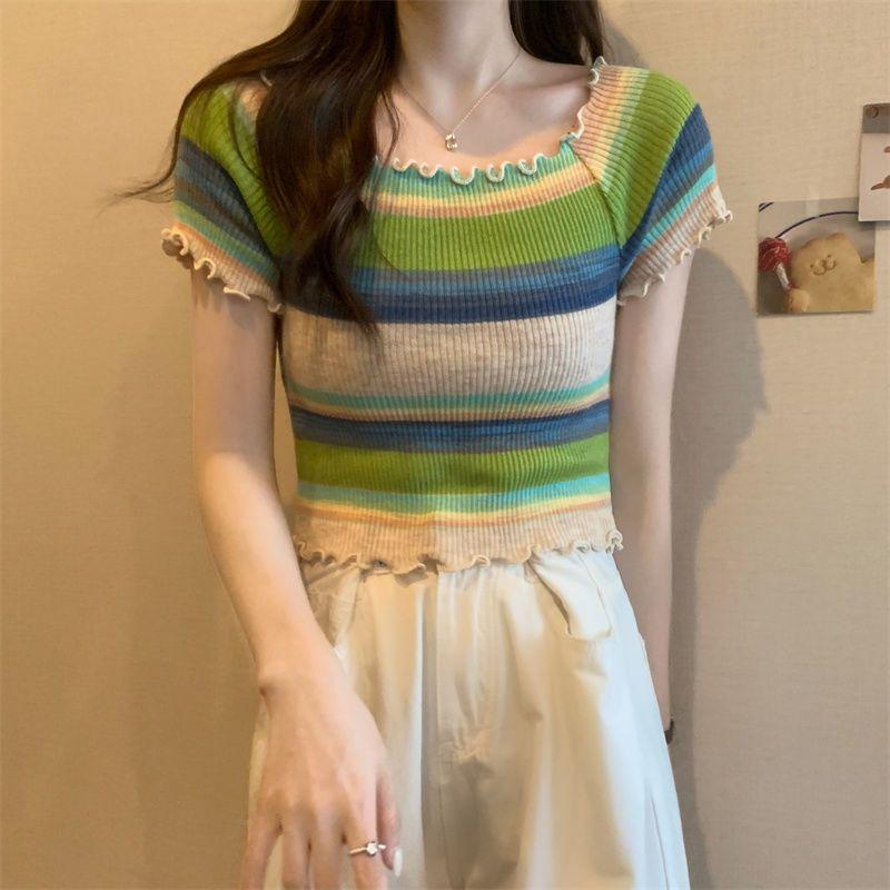 Футболка с квадратным вырезом спереди и плечами в радужную полоску, трикотажная, с короткими рукавами, летний тонкий крой с поясом, укороченный, шикарный и красивый топ
