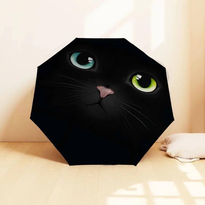 Black Cat Face with Green Eyes: Automatic Opening/Closing Umbrella, Foldable Design, Outdoor, Ideal Gift for Fans, Travelers, Daily Use, Fes