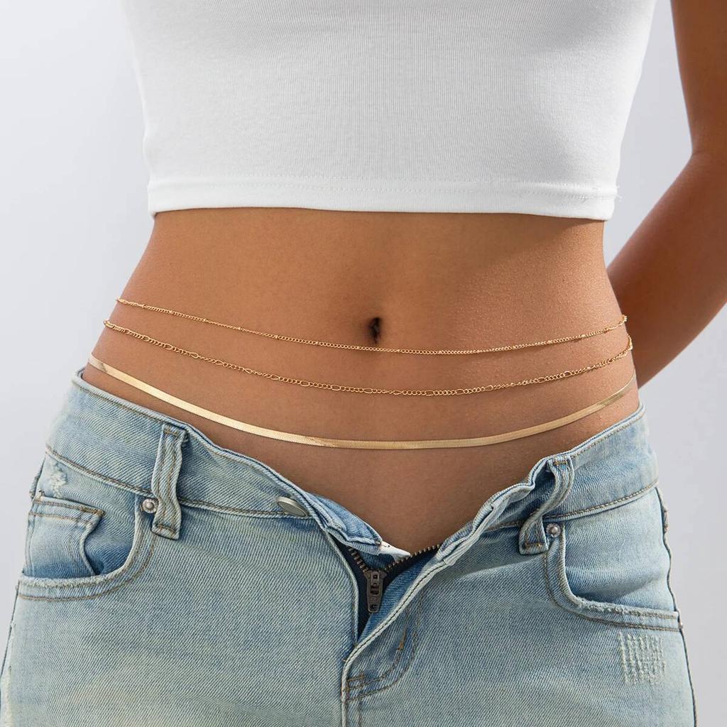 SHIXIN 3 Pcs/Set Hip Hop Multi Layer Flat Snake Chain Belly Waist Chain for Women Sexy Summer Beach Bikini Body Jewelry Y2K
