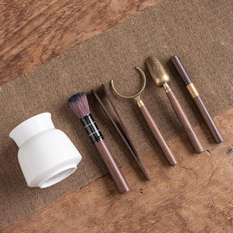 Suet jade porcelain tea ceremony six gentlemen set, ebony kung fu tea set, tea clip, tea making tool accessories