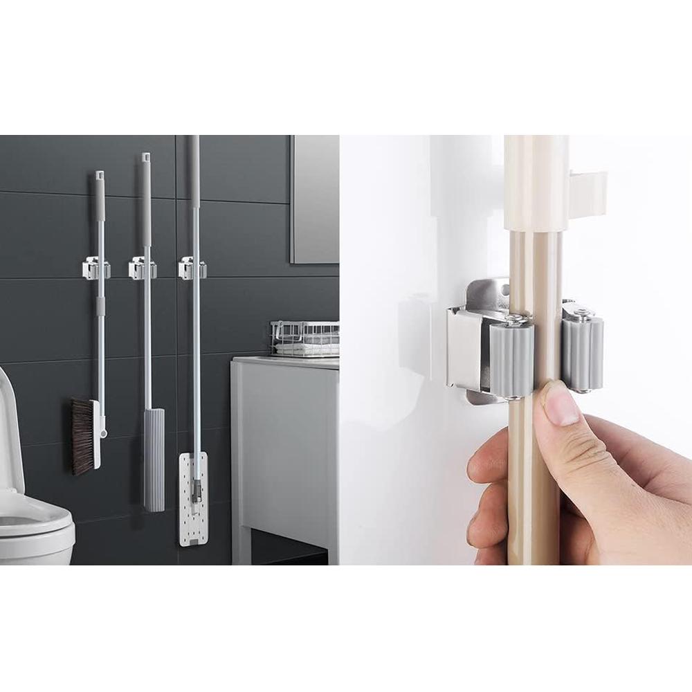 Stainless Steel Mop Holder Brush Broom Hanger Fixed Rack Kitchen Bathroom Garden Tool Organizer Wall Mounted with Screws Cup Holders 5