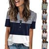 Женская модная повседневная футболка с полосатым принтом и V-образным вырезом, коротким рукавом, на пуговицах