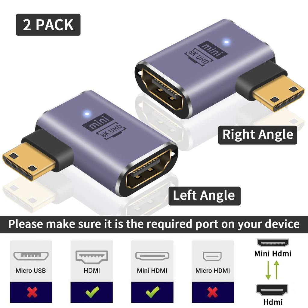 Адаптер-преобразователь Poyiccot Mini HDMI в HDMI, 90-градусный, совместимый со стандартами 8K, левый/правый L-образный адаптер Mini-HDMI, HDMI2.1 3D,
