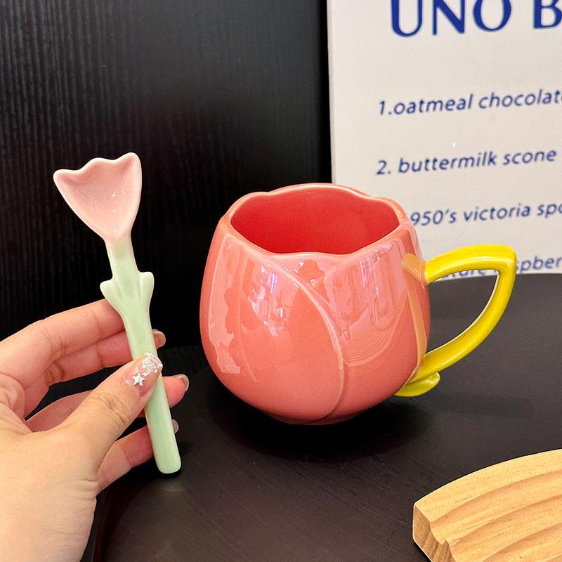Girls High-Value Tulip Ceramic Mug With Spoon Pink Girl Heart Water Cup Household Milk Cup Souvenir