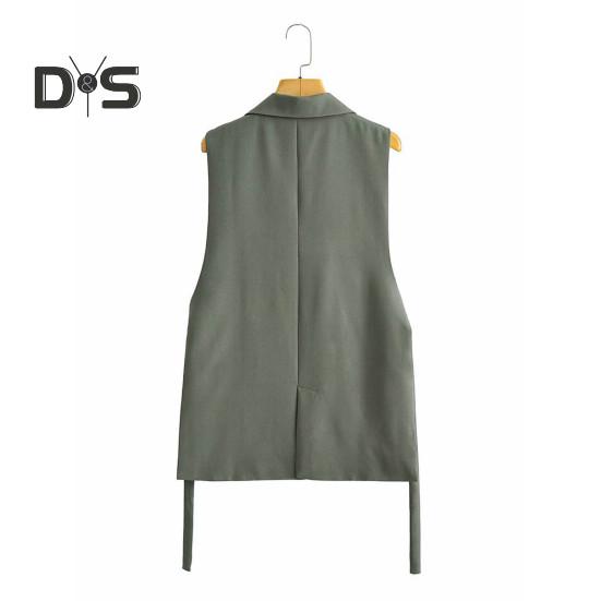 Women Vest Coat Turn Down Collar Sleeveless Loose Solid Color Single Button Cardigan Strap Decor Mid Length Commute Formal Suit Waistcoat