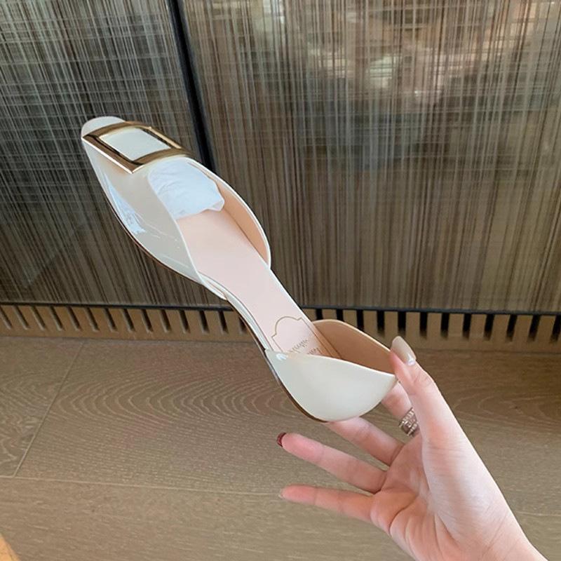 Sheepskin version~ square head shallow mouth single shoes women's buckle French temperament hollow sandals commuting leather grandma flats