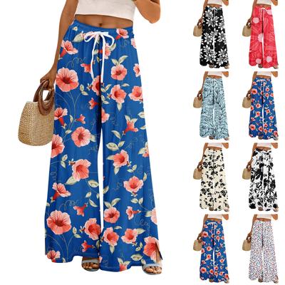 Женские летние брюки-палаццо в стиле бохо с высокой талией, широкие повседневные брюки с цветочным принтом и карманами