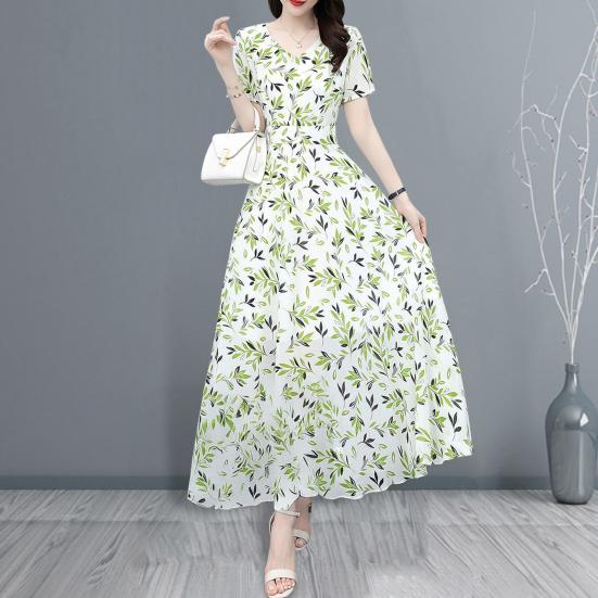 Women's Floral Print Maxi Dress Summer V Neck Short Sleeve Long Dress Casual Swing A-line Beach Sundress