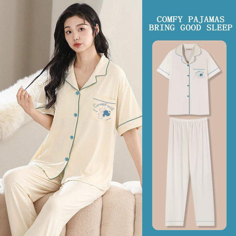 Girly heart bursting cute rabbit print pajamas women's summer short-sleeved trousers cardigan loose loungewear set thin