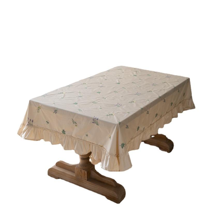 Light Luxury Cotton Apricot Embroidered Plant Flower And Grass Skirt Pleated Lotus Leaf Edge Round Coffee Table Tablecloth Dining Table Cloth