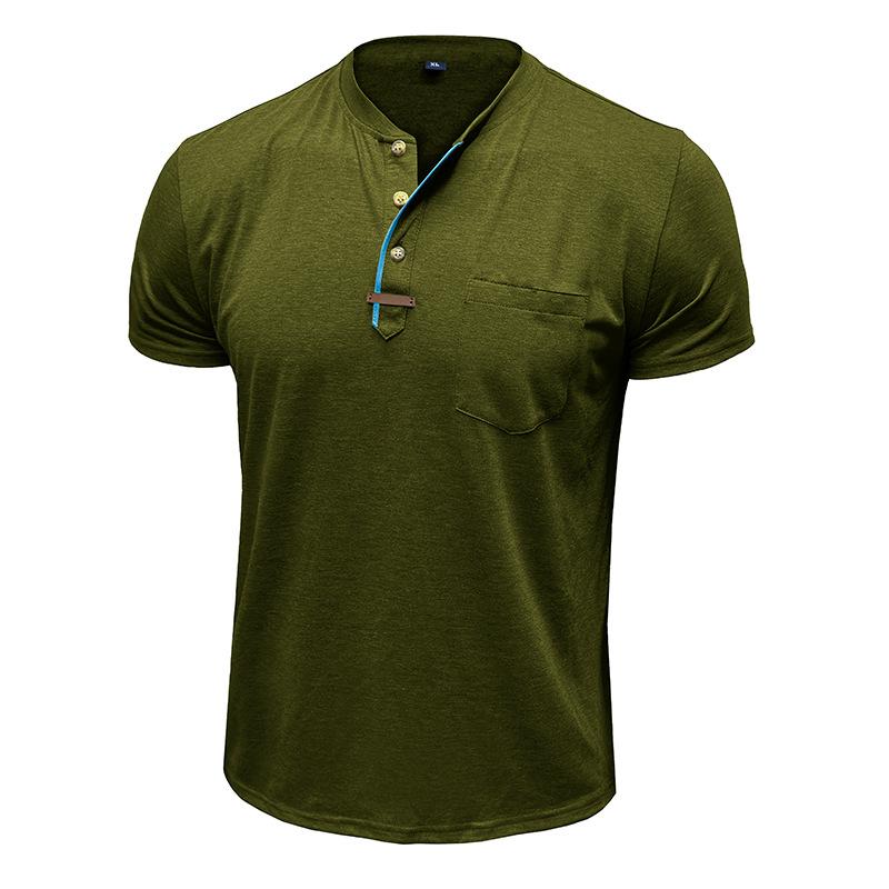 Summer Men's Henry Collar T-Shirts Solid Color Short Sleeve Tees Tops Men