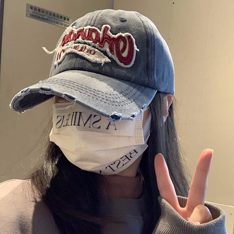 Retro baseball cap women's big head circumference washed ripped denim wide brim cap showing face small hat