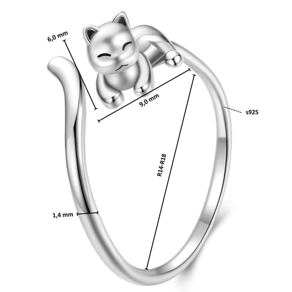 Silver adjustable ring, charming cat with a long tail, silver 925