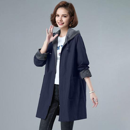 Весна Осень Женская куртка с капюшоном, длинными рукавами, завязками на шнурке, карманами больших размеров, застежкой-молнией, ветровка средней длины