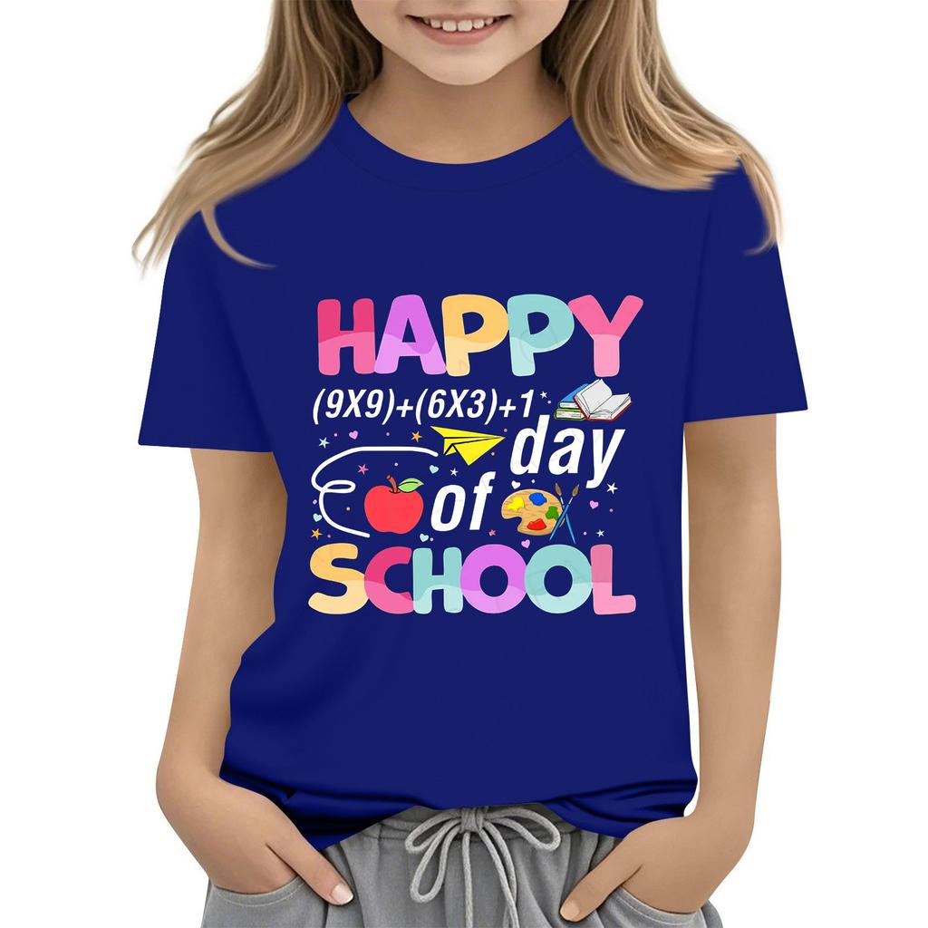 Kids Fashion Casual Short Sleeve 100 Day School Anniversary Printed Round Neck T-Shirt Top