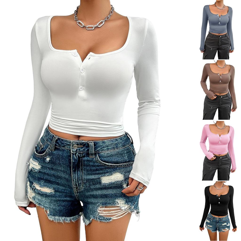 Women's Sexy Summer Scoop Neck Long Sleeve T-Shirts Button Down Slim Fitted Casual Basic Top