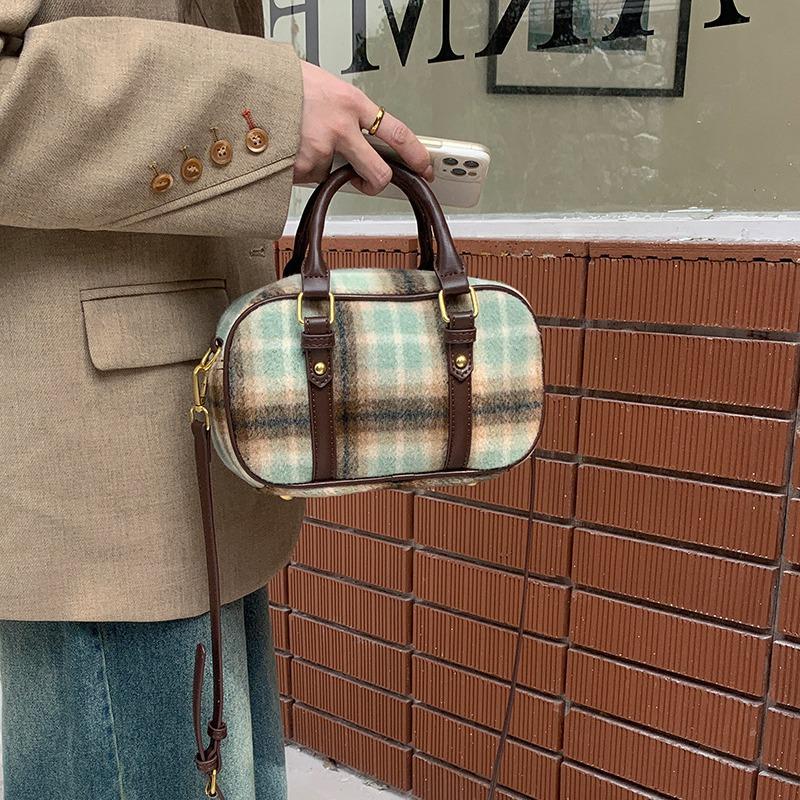 Женская шерстяная сумка для боулинга в клетку в стиле ретро 2023 года — универсальная, в стиле ручная сумка/чехол через плечо