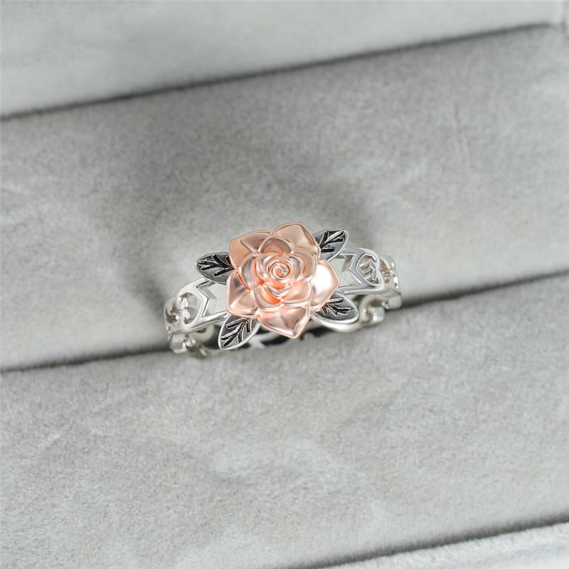 Exquisite Two Tone Floral Rings for Women Color White Gold Rose Flower Wedding Engagement Ring Valentine's Day Jewelry