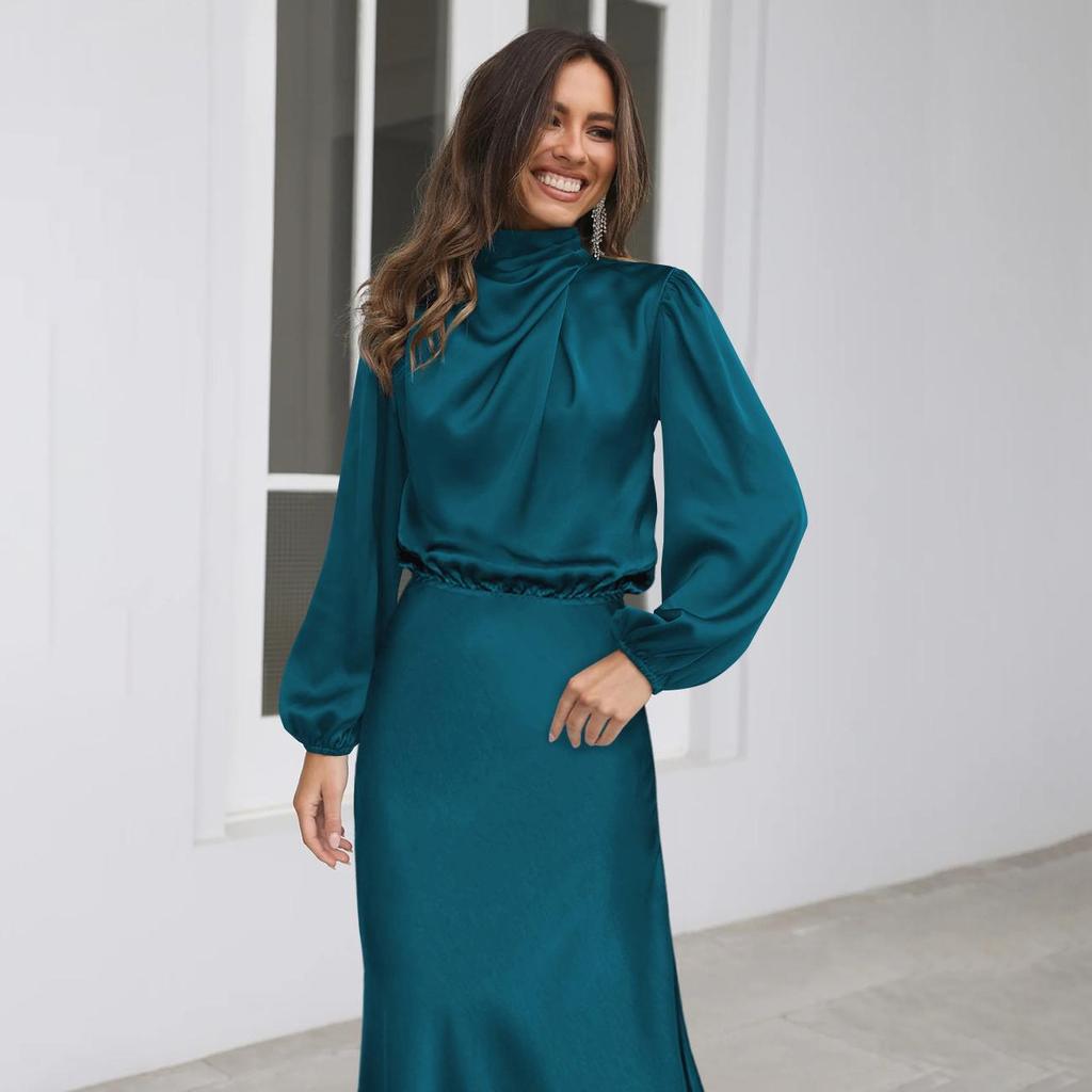 Женское весеннее вечернее платье с длинным рукавом-фонариком, элегантное длинное платье трапециевидной формы с бретелькой на шее и высокой талией, сплошной цвет