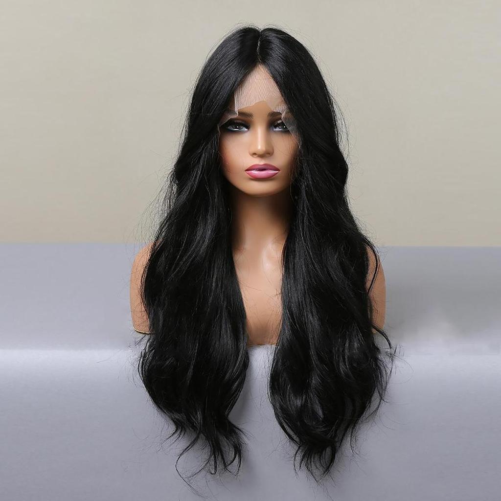 Women's 66cm Hair Black Long Curly Hair T-shaped Front Lace Rose Hair Net Headwear Pure Hand Woven Lace Wigs Kanekalon Wig