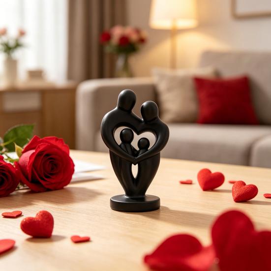 Abstract Woman Statue, Matte Black Resin Art Sculpture, Family of Four Hollow Love Shape Statue for Modern Minimalist Home Decor