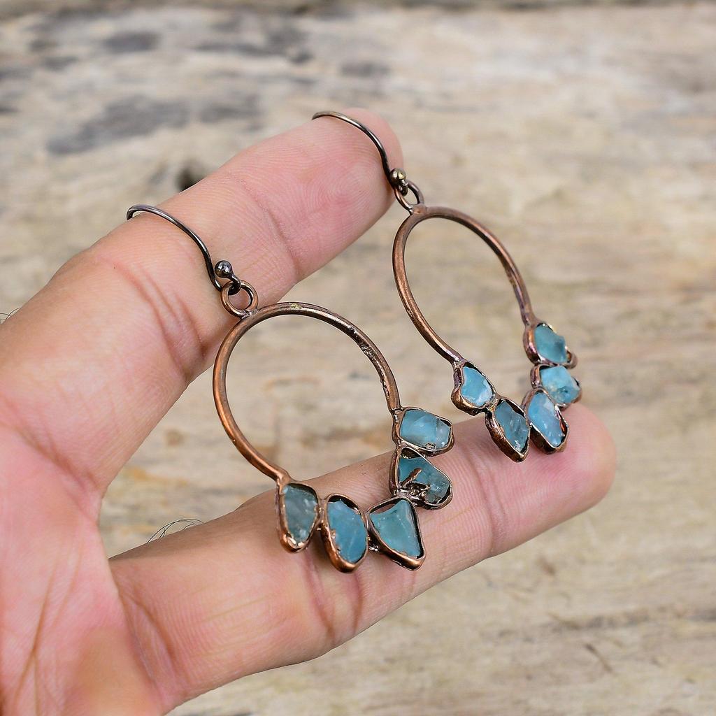 Грубые серьги с аквамарином, медные серьги, изготовленные методом гальванопластики, серьги с драгоценными камнями, ювелирные изделия, серьги ручной работы, подарок для женщин, медные украшения