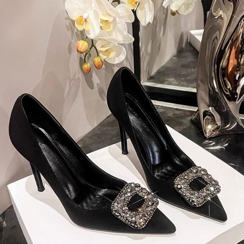 Women's Stiletto Rhinestone Suede Elegant Pointed-Toe Square Buckle French Minority Beautiful High Heels
