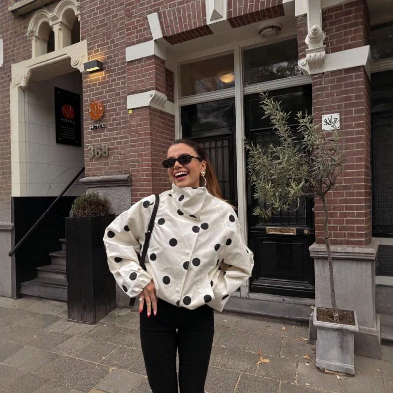 Womens Polka Dot Bomber Jacket Long Sleeve Stand Collar Loose Fit Casual Outerwear