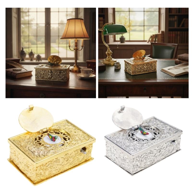 Antique Alloy Singing Bird Ornament With Angel Embossed Pattern Mechanical Musical Box For Desk Shelf Display Gift