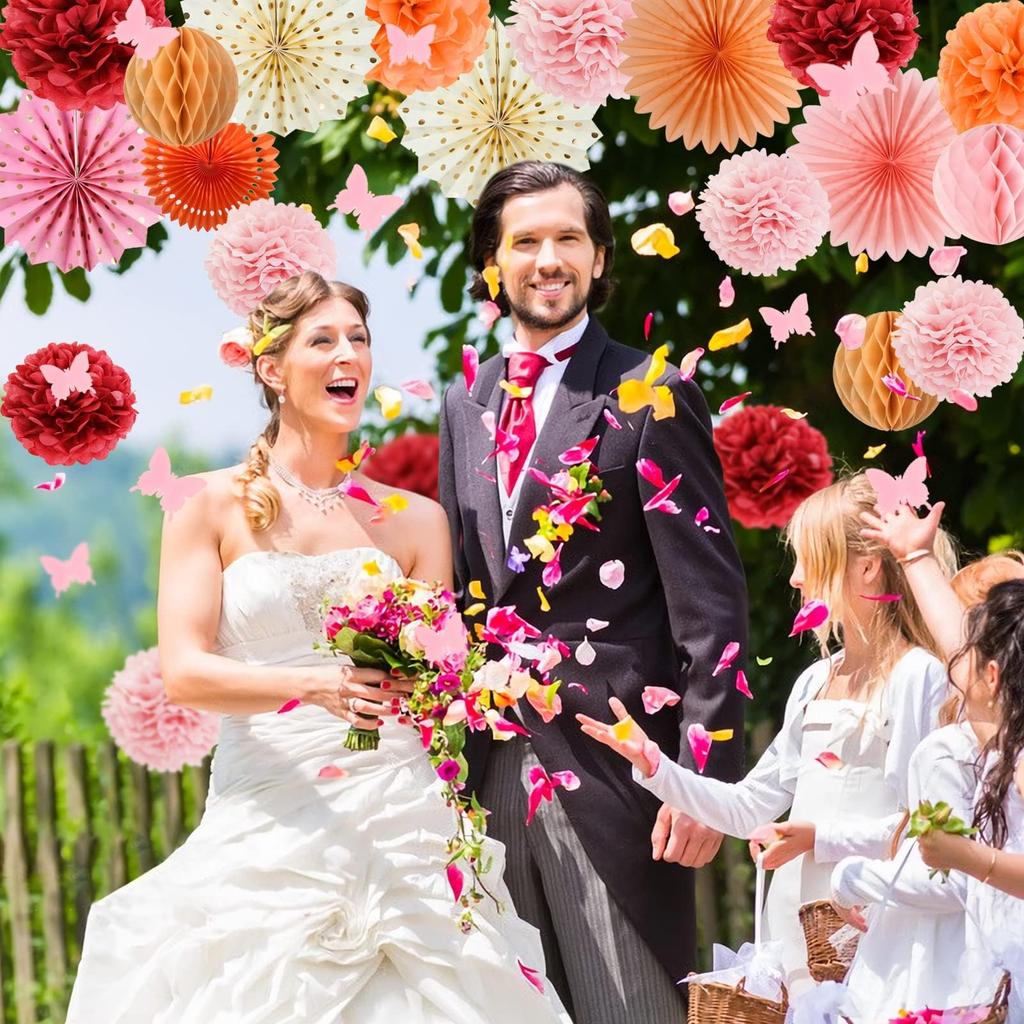 SUNBEAUTY Дневные украшения Розовые бумажные веера Украшения для вечеринки Подвесные бумажные помпоны Веера-цветы Шары-соты для Дня рождения Свадьбы На открытом воздухе