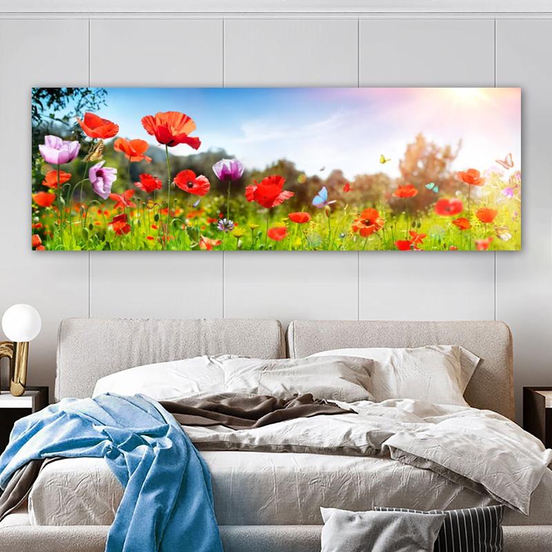 Современная панорамная картина на холсте с изображением цветочного поля на закате в ярких зеленых и красных тонах