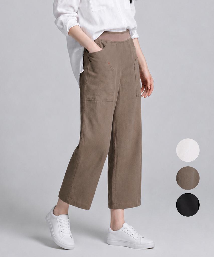 KIM YOUNG JOO GOLF Summer Color Block Elastic Waist Linen Women'S Wide Pants Dqmlsl78
