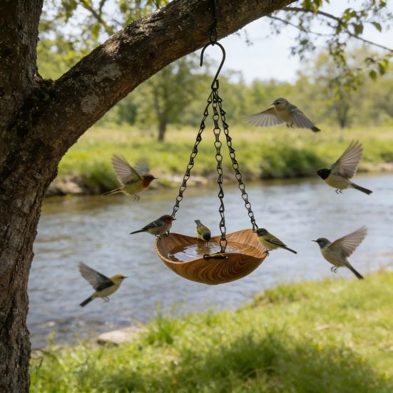 Подвесная купальня для птиц Деревянная кормушка для птиц с цепочкой Наружная поилка для птиц Поильная кормушка для сада Наружная купальня-поилка для колибри